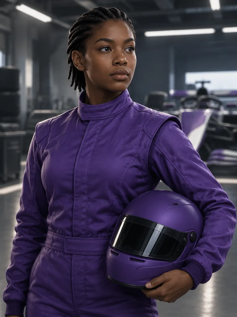 Ines Okafor, pembalap muda dengan rambut kepang pendek, baju balap ungu, memegang helm ungu di pinggang.