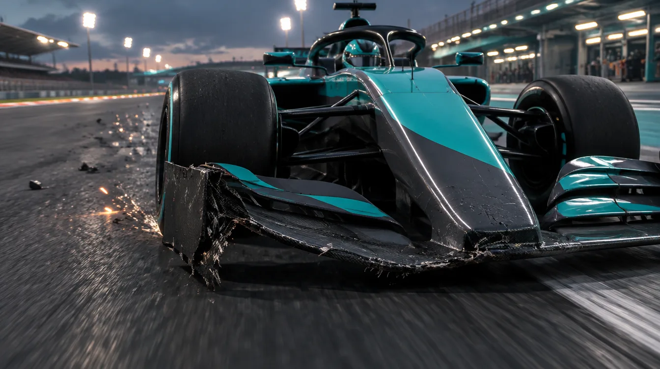 Hidung mobil Verity teal grafit dengan sayap depan patah sebelah dan serpihan karbon di aspal, menuju pit entry.